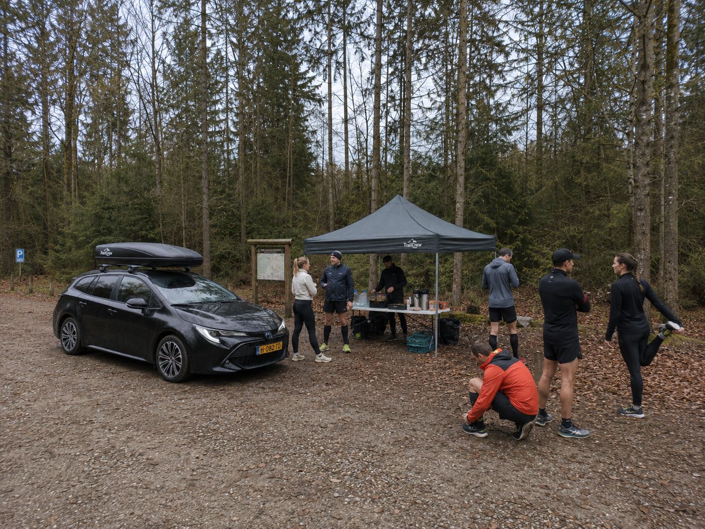 Een team bij het TrailCrew-basecamp in het bos