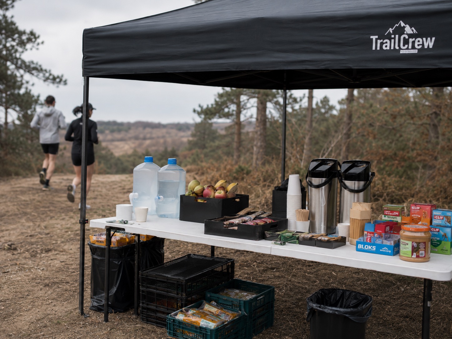 De TrailCrew-verzorgingstafel terwijl twee lopers de trail op gaan